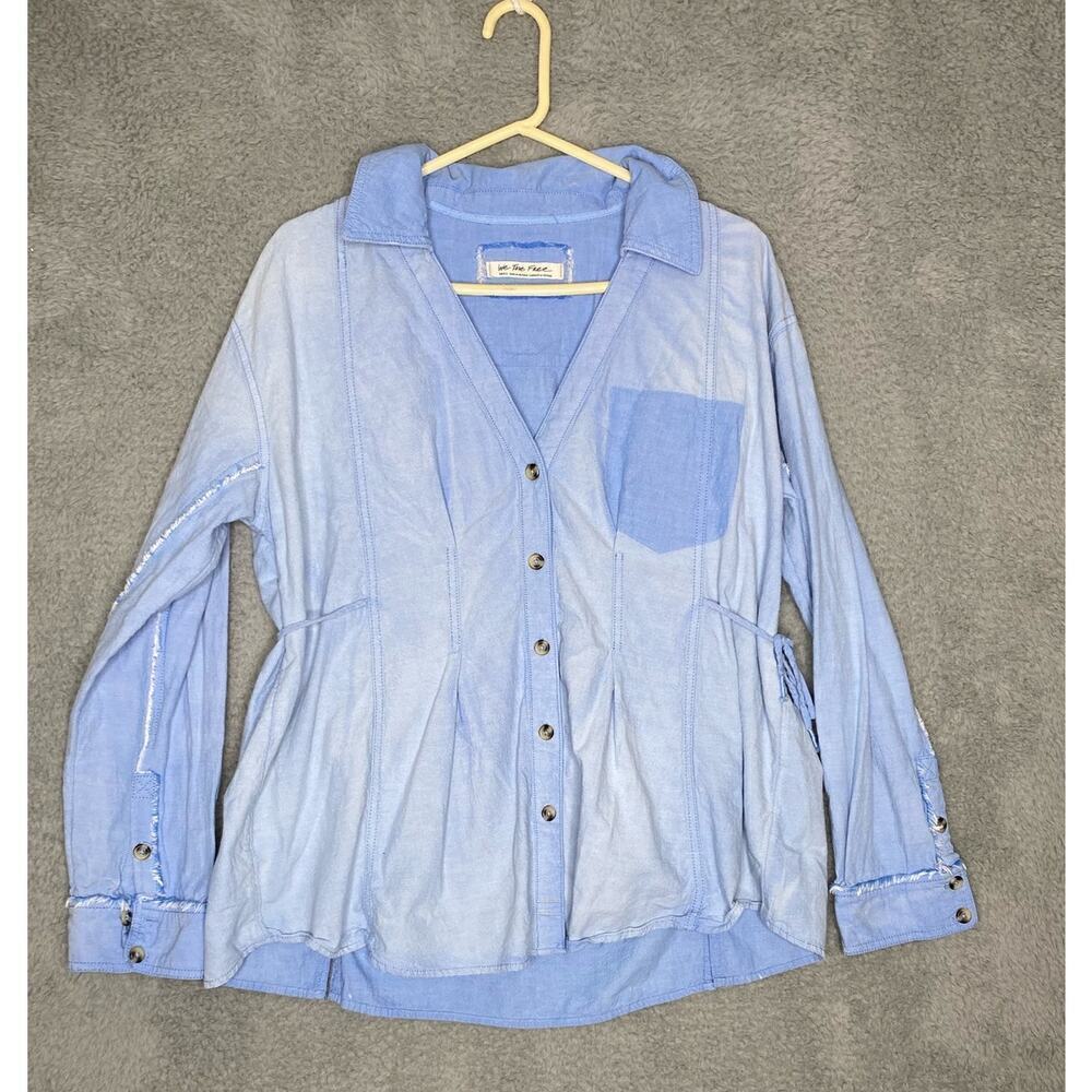 Free people we the free blue denim button up collared lightweight raw hem S
